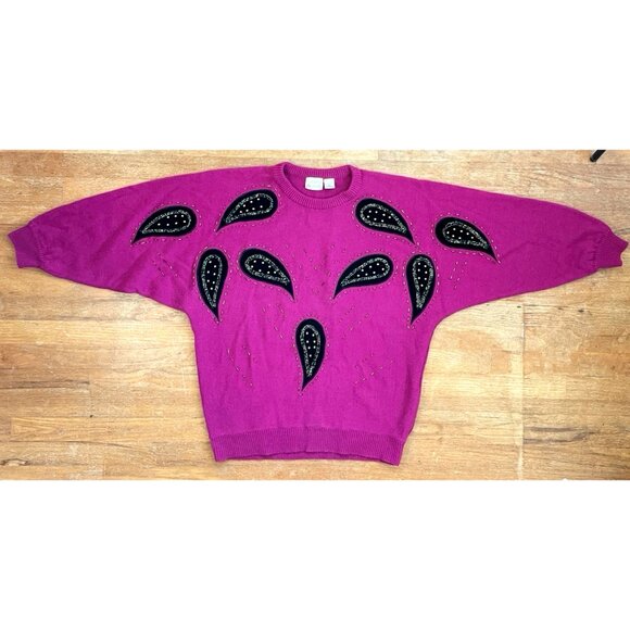 Vintage Velvet Paisley & Beaded Sweater Plus Size 2X 1980s Pink Knit Acrylic - Picture 2 of 5